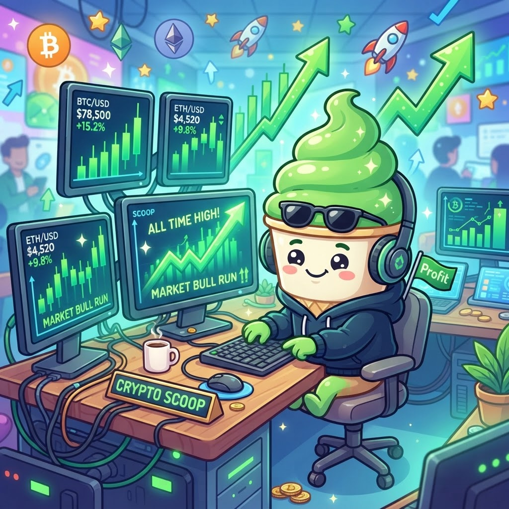 The cuuuuupsey mascot trading at a desk full of green candlestick charts